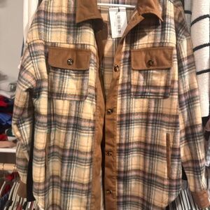 Plaid Button-Up Jacket with Corduroy Accents